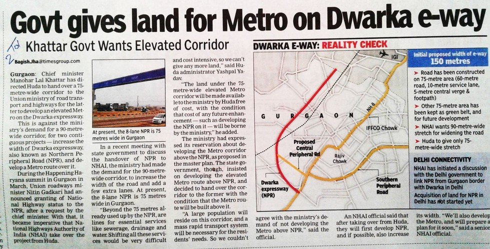 Govt Gives Land For Metro On Dwarka e-Way